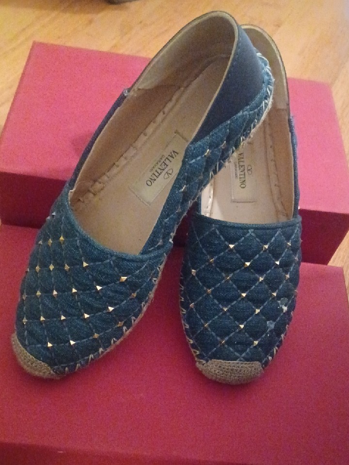 Valentino Quilted Denim Espadrilles With Gold Studs